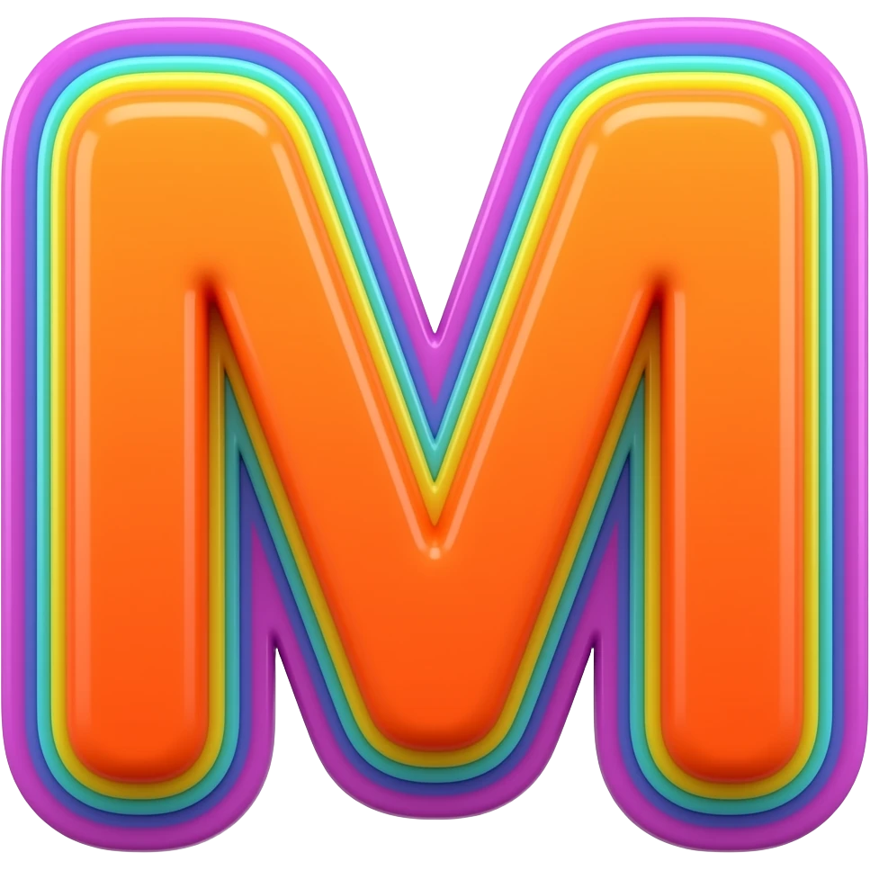 name "M" in neon orange, 3D style typography lettering, each color of the rainbow as a border outlined around each letter, isolated, 3d rendering, no emoji icons no emoji faces and must have no human figures emoji