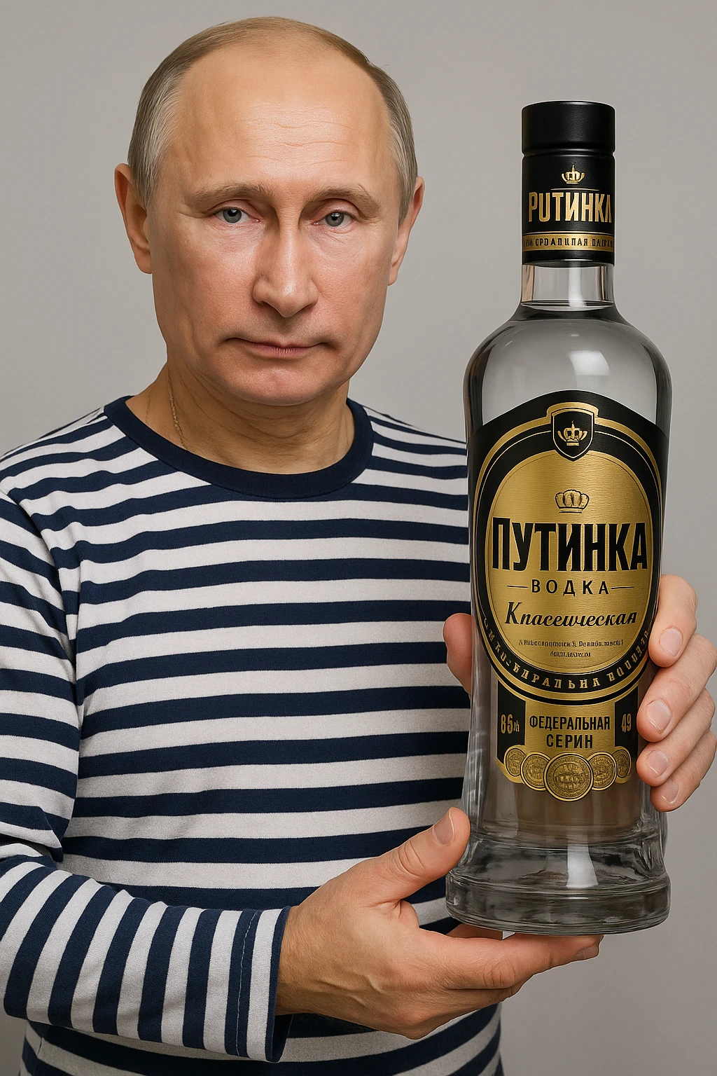Сгенерируй мне как владимир путин в тельняжке держит эту водку, и на ней прям написанно Путинка emoji