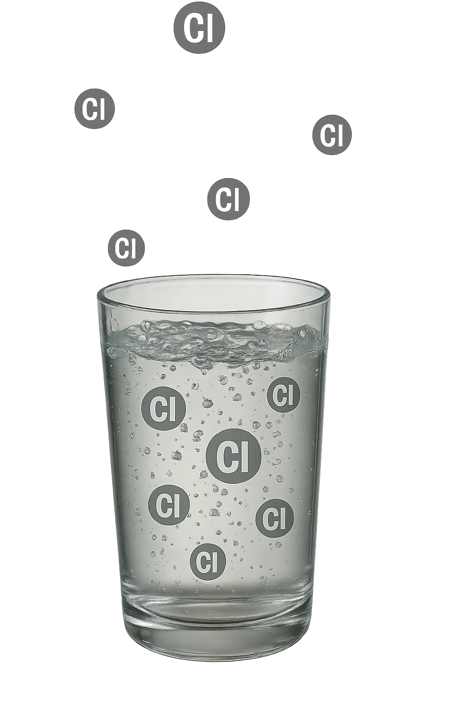 un bicchiere di acqua cade verticalmente dall'alto realistico e dettagliato, dentro l'acqua del bicchiere ci sono particelle di cloro ben visibili con la scritta "Cl" sopra, ci sono particelle anche che escono dal bicchiere e fluttuano in aria verticalmente, mentre alcune sono all'interno dell'acqua nel bicchiere, iperrealistico 4k emoji