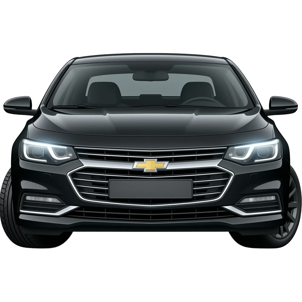A realistic, high-detail photograph of a glossy black Chevrolet Malibu 2 Turbo Premier sedan with tinted windows and black alloy rims, bright LED headlights emitting a dinamic brighting glowing effect emoji