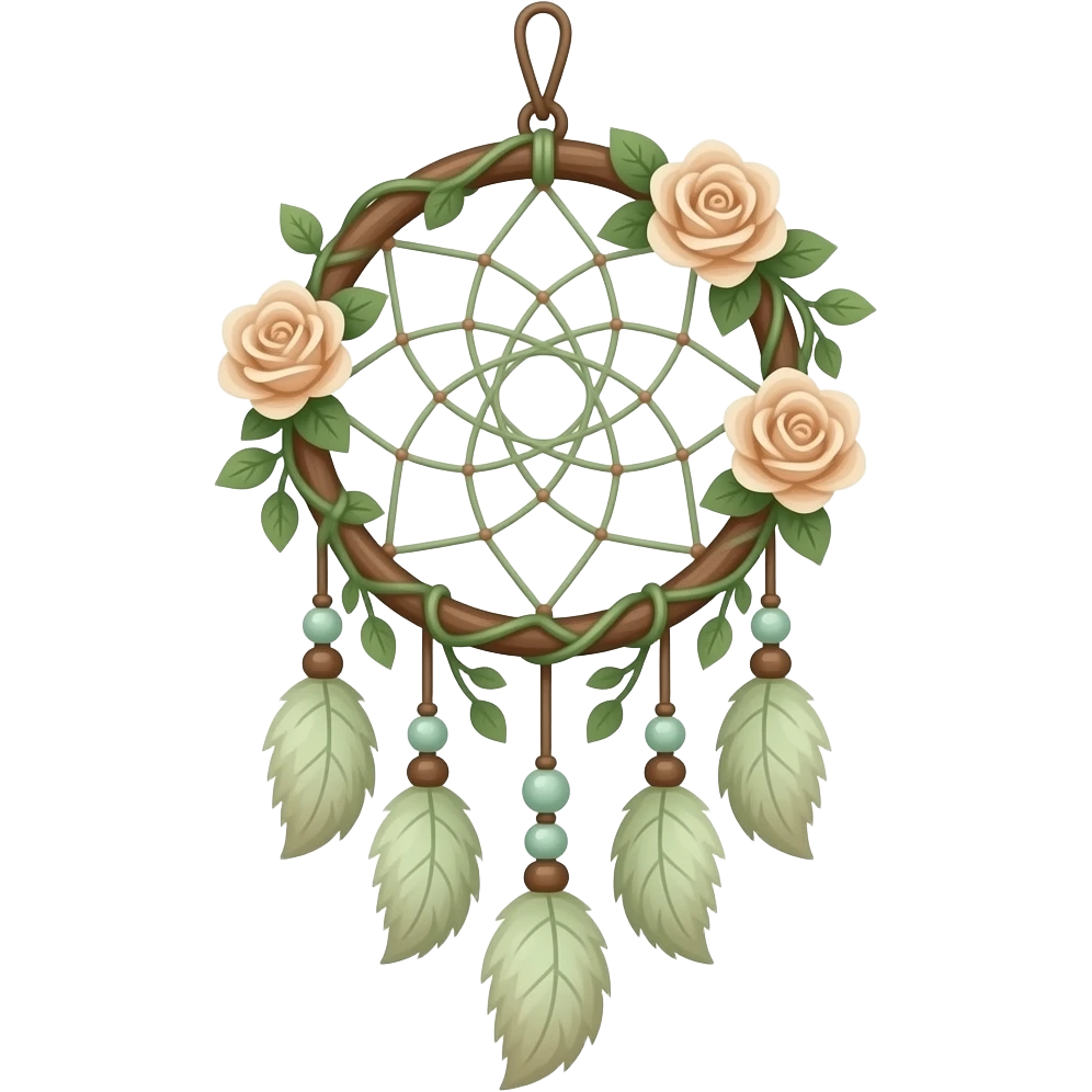 Hippie-like Cute dainty neat Pastel Green-white-brownish-beige-gradients thread-rope-hanging dreamcatcher, pastel colors, whitish, light, green academia aesthetic, mossy, with green vines and beige roses, Cottagecore, Princesscore, shiny glistening, vintage emoji