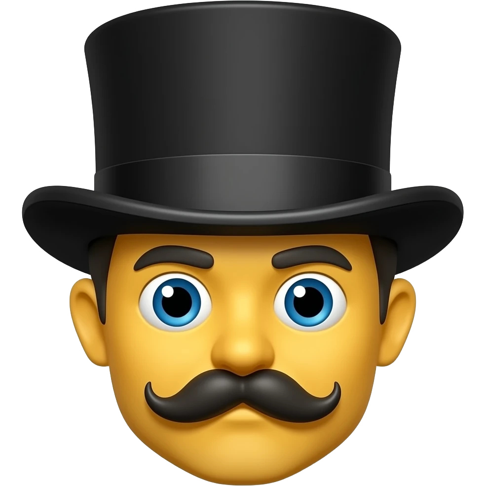 A head only with a mustach and a tophat with eyes and yellow skin cartoon like emoji