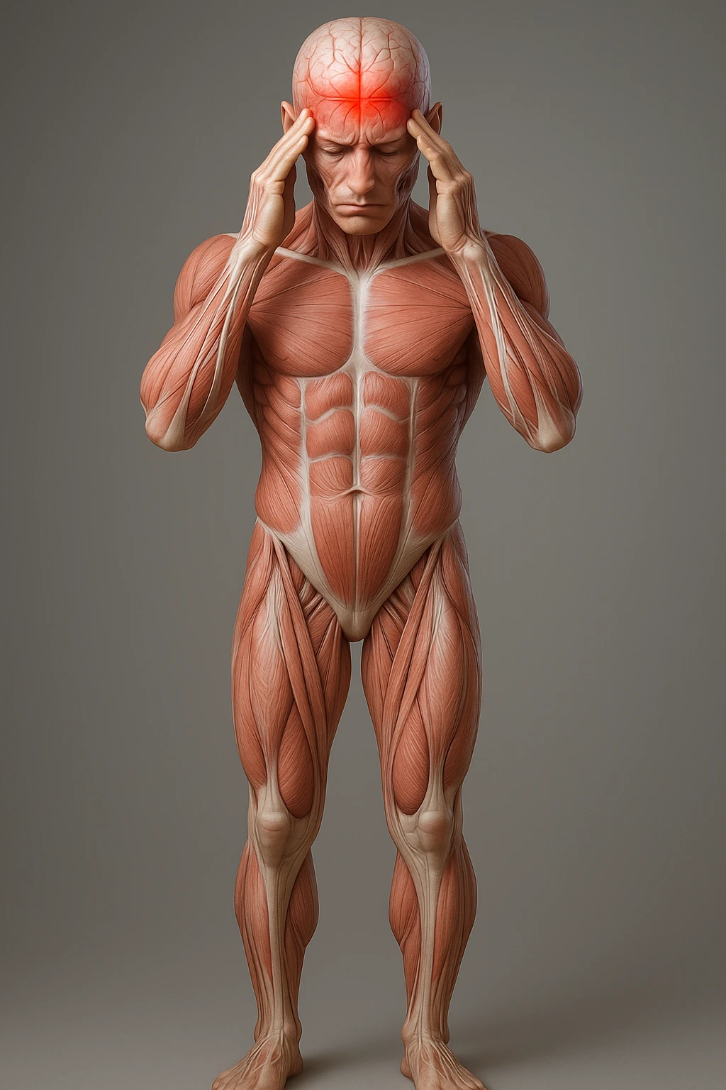 Full figure, hyperrealistic 4K medical illustration, exactly matching the style, pose, and composition of the reference: anatomical human body holding fingers on temples, contracted forehead, red spot on the forehead, expression of pain, clear background, extremely detailed, same lighting and style as reference. emoji