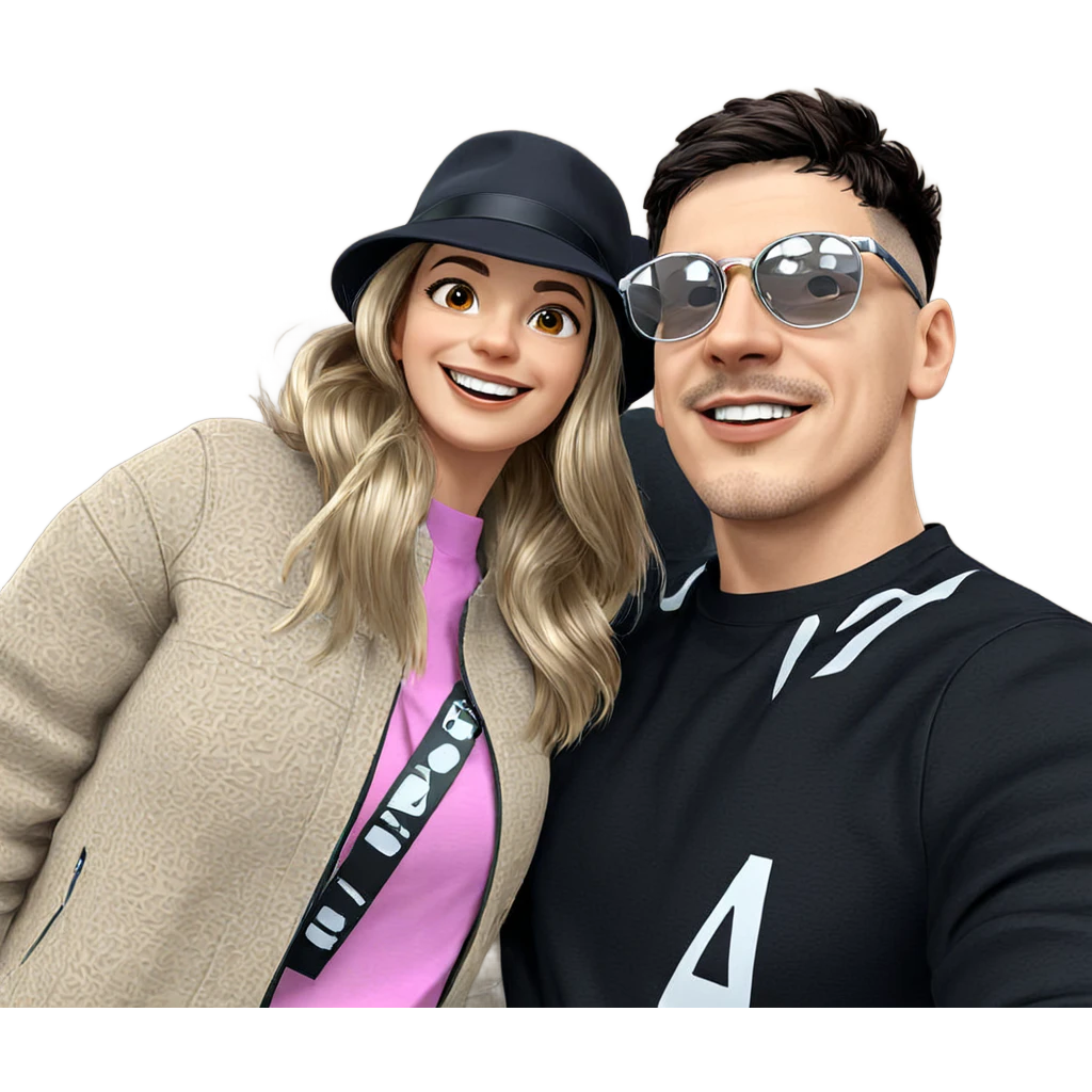 smiling couple portrait in stylish outfits emoji