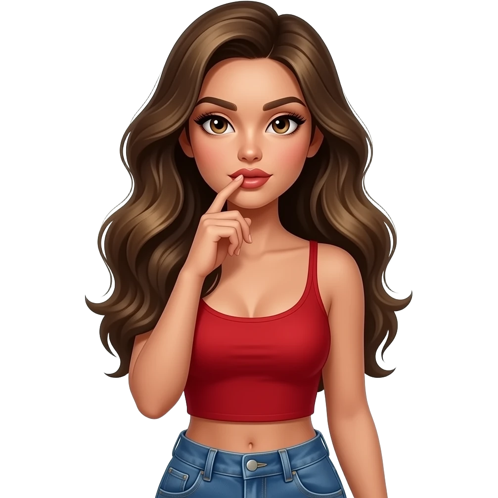 Fingers on lips and thinking woman with tan glowy skin, hazel eyes almond with long lashes, softly arched brows, full lips, dark blonde flowing hair, delicate feminine sexy features, wearing a red crop top and blue low waist jeans, confident and femenine and glam makeup. Intense seductive look. emoji