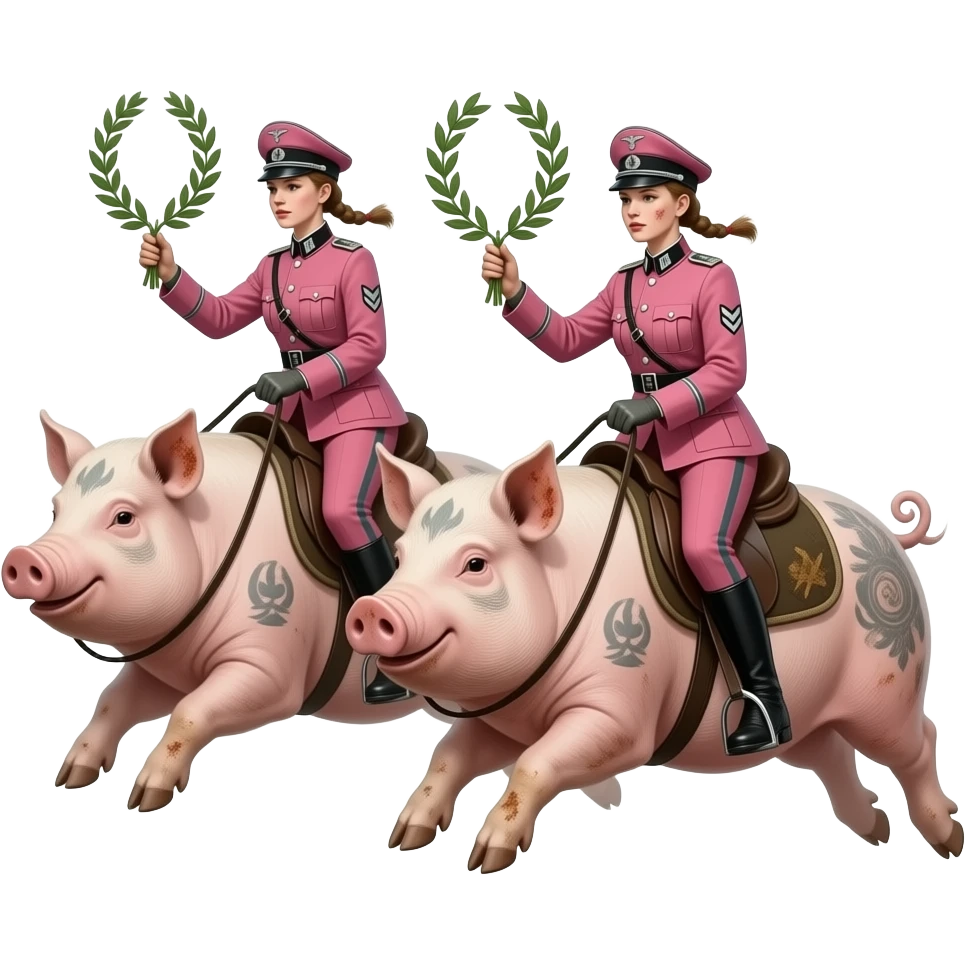 aesthetic brilliant divine lighting, oil paint - two skinny and dirty female riders in pink German army uniforms from World War II ride jumping on large tattooed pigs with laurel branches in their hands emoji