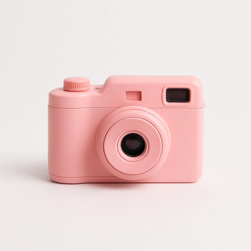 minimal pink camera on white background, no text emoji