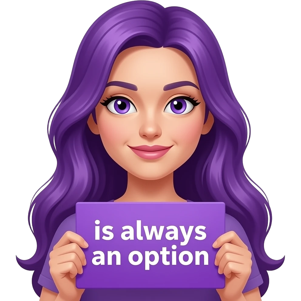 sexy girl with long purple hair and purple eyes holding a -PURPLE- is always an option sign emoji