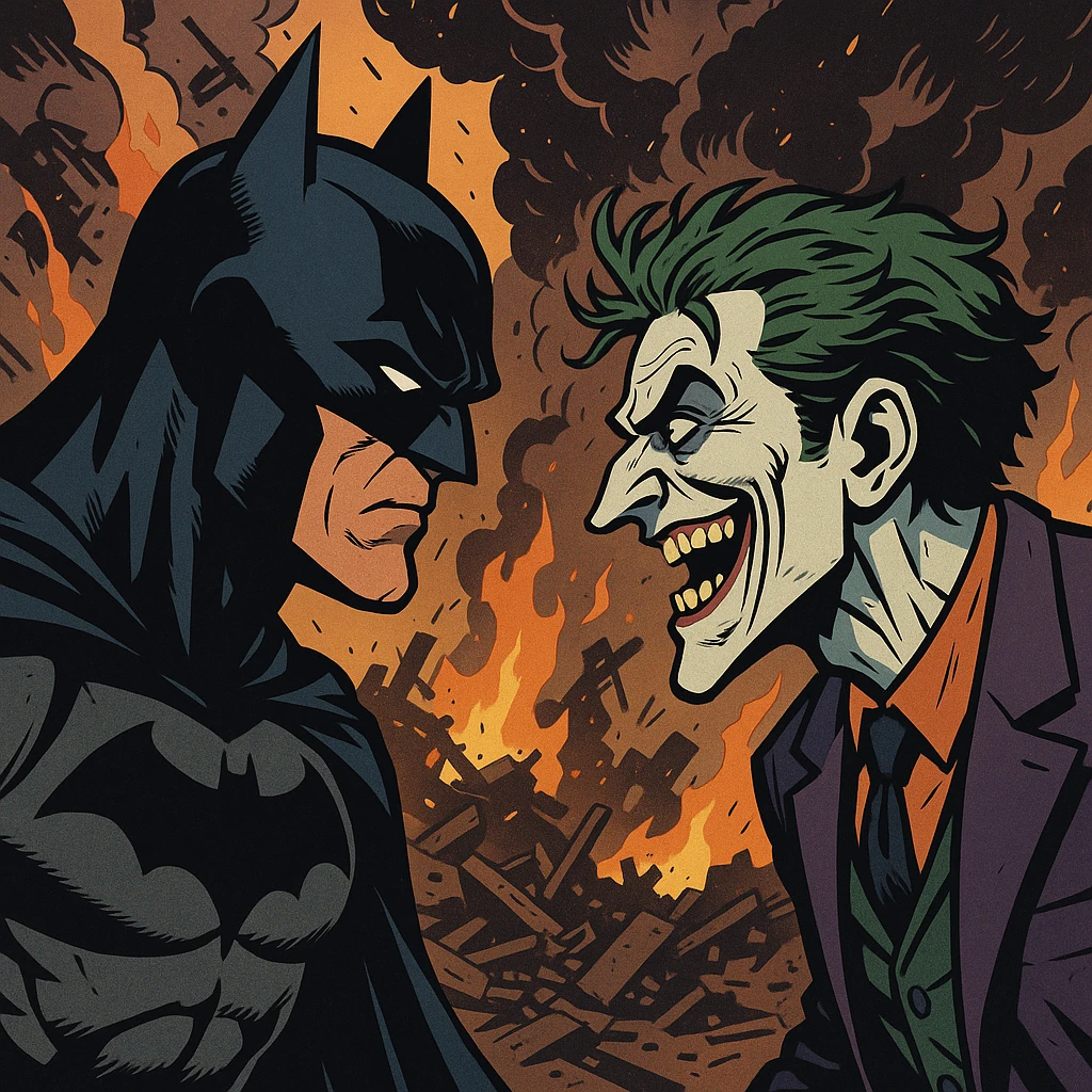 vector art of batman and joker, battleground background 
 emoji