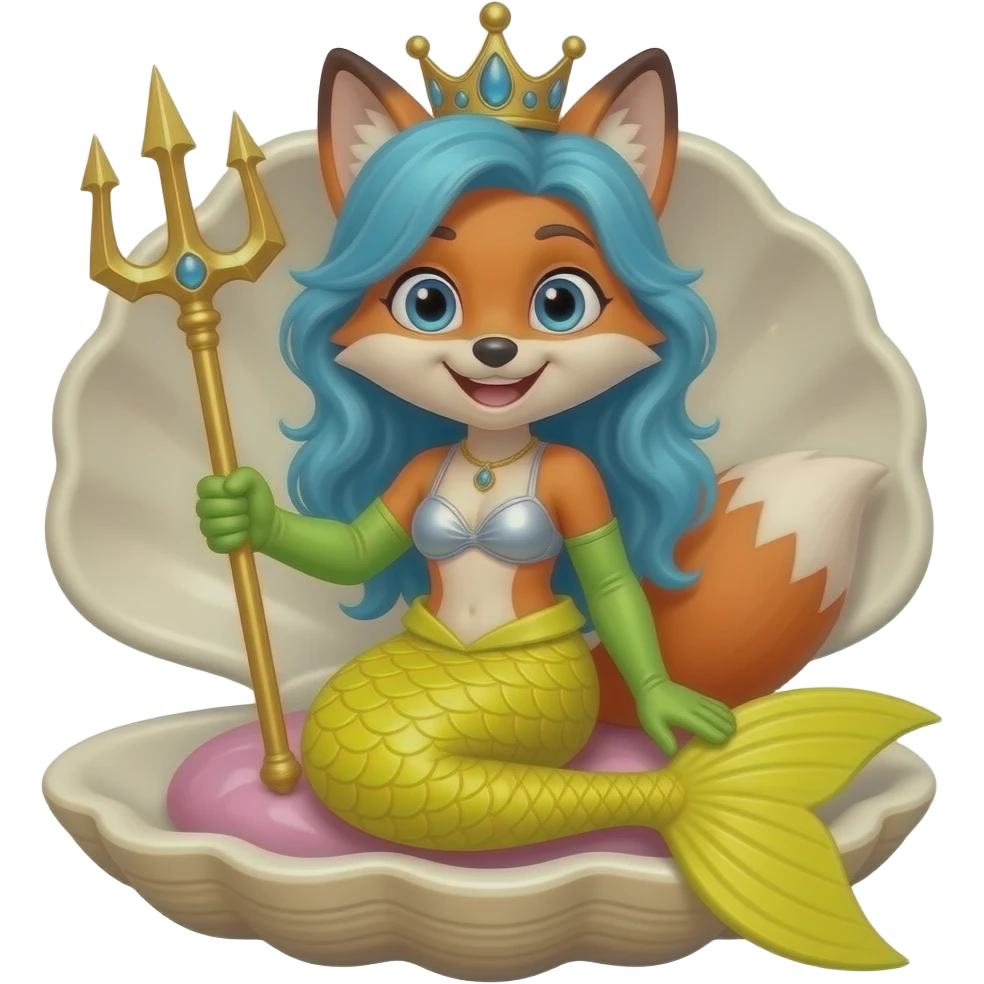 anthro fox  happy yellow mermaid tail  and long green gloves  blue hair crown sliver swimsuit sitting on an open toy clam holding a trident artistic creation, beautiful art cartoon style art kawaii style art clipart art emoji