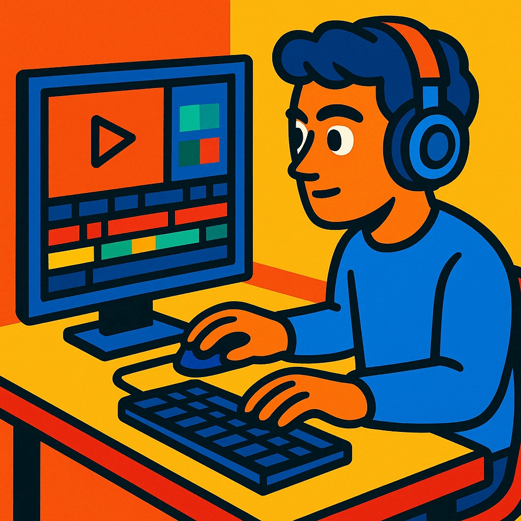 a man sitting at a table, headphones on, focused on video editing, vibrant toon style emoji
