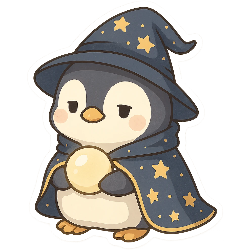 a chubby penguin in wizard attire, with a starry cloak and a glowing orb, looking wise and mystical emoji