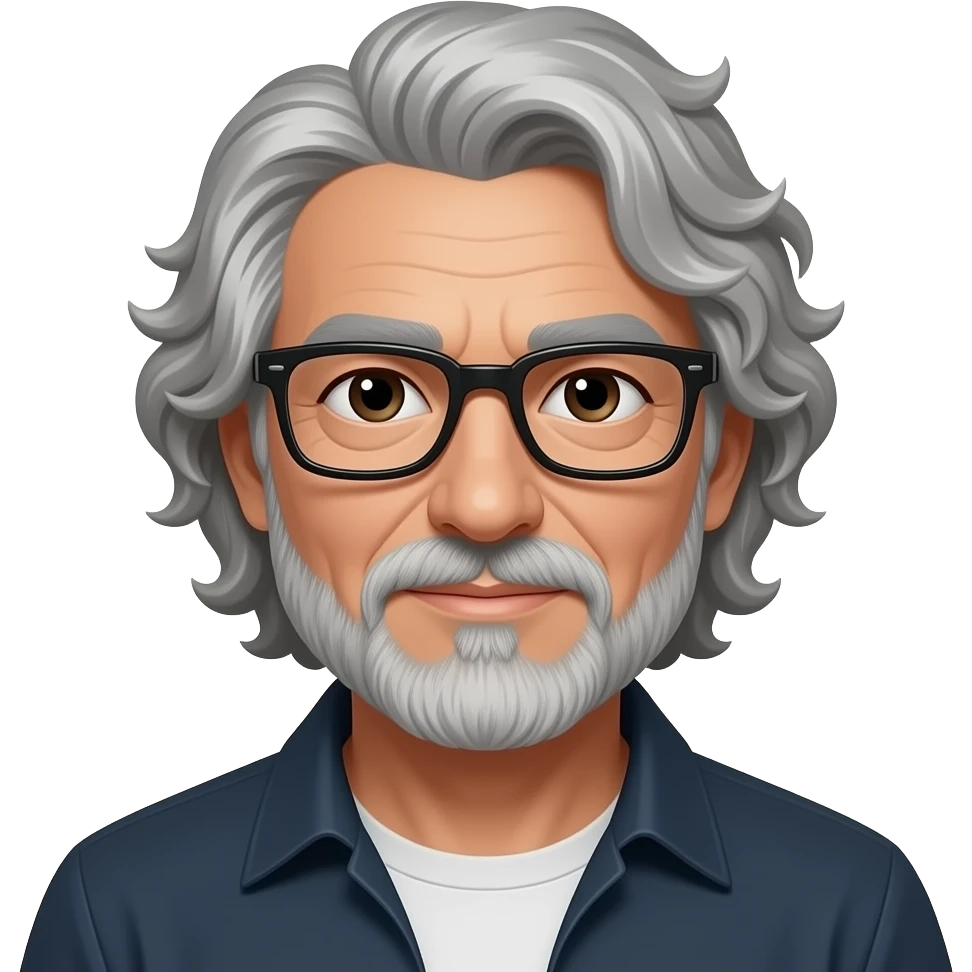 رمادي في اسود رمادي غامق  البشرة افتح من الأسمر  العيون مسحوبة حواجب سوداء رمادي بشره قمحيّة اللون وعمرة ستون عاما رجل شعره كيرلي رمادي طويل عيناه اسود كعيون الصقر يرتدي نظارة مستطيله سوداء  له لحية emoji