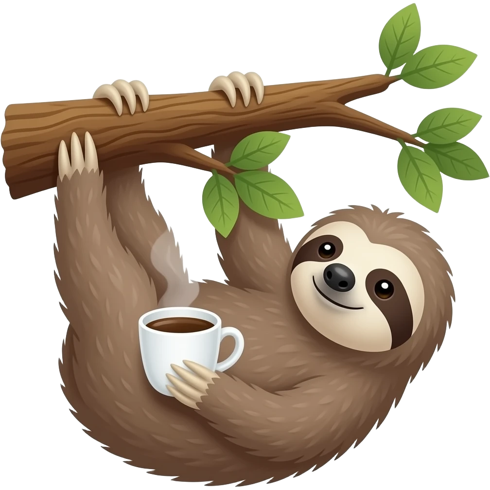 hanging sloth big tree branch drink morning coffee emoji