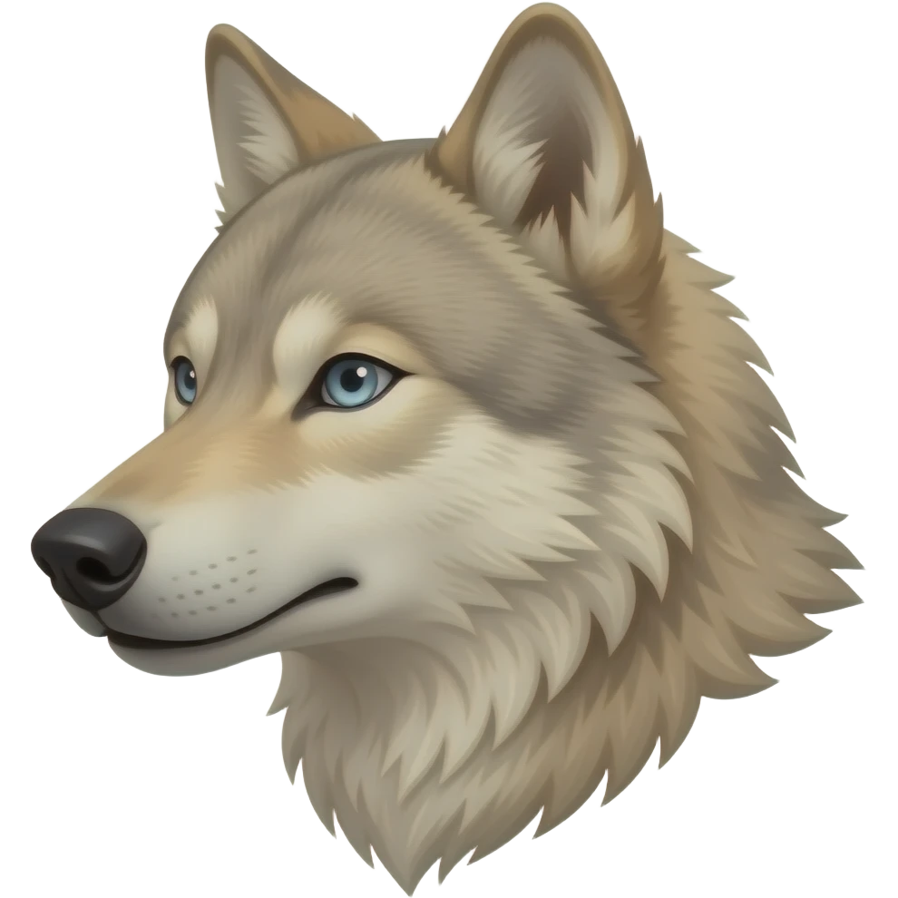 A little bit realistic handsome scary royal Adult alpha male Beige wolf head very realistic Turn sideways light blue gray eyes emoji