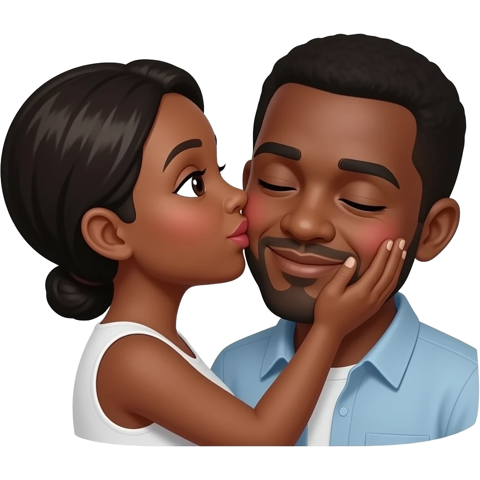 Black woman kissing black man on the cheeks as the black man blushes emoji