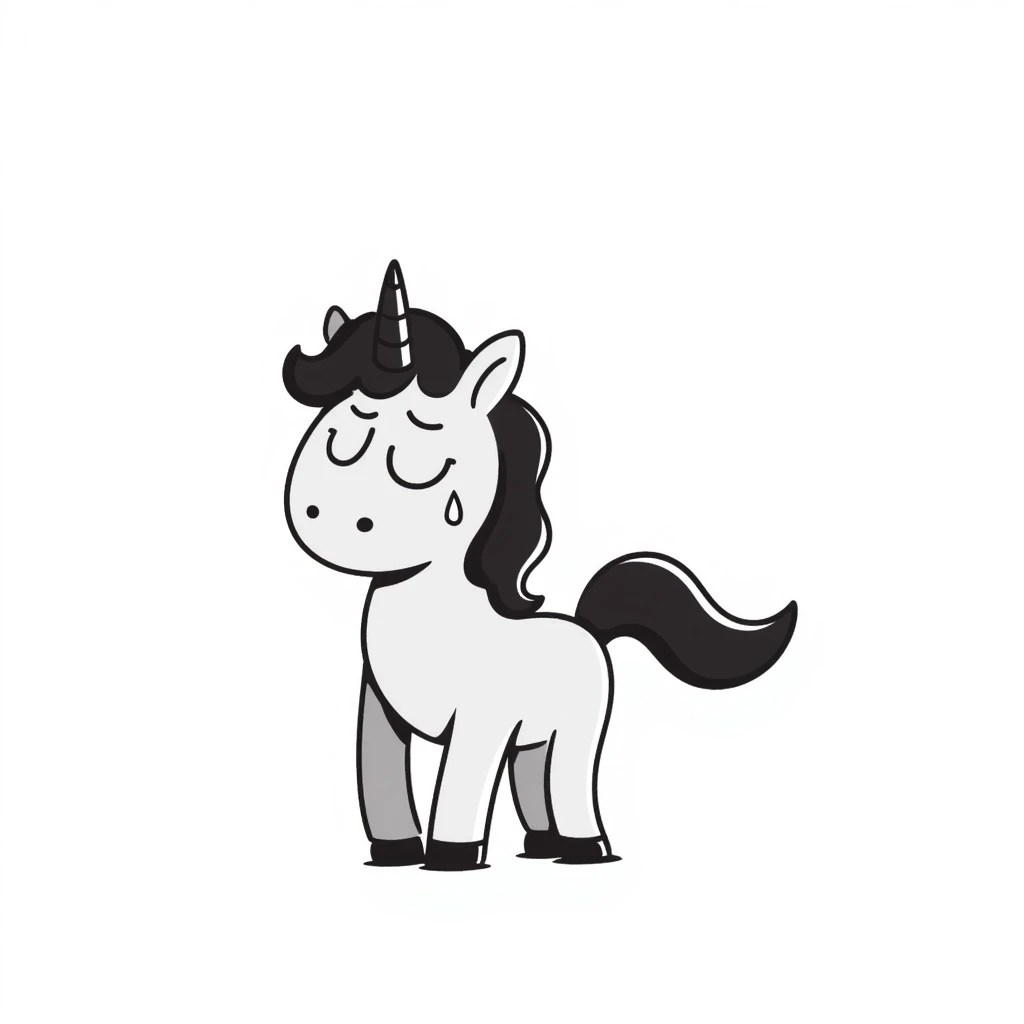a sad unicorn with a single tear, hand drawn doodle style emoji