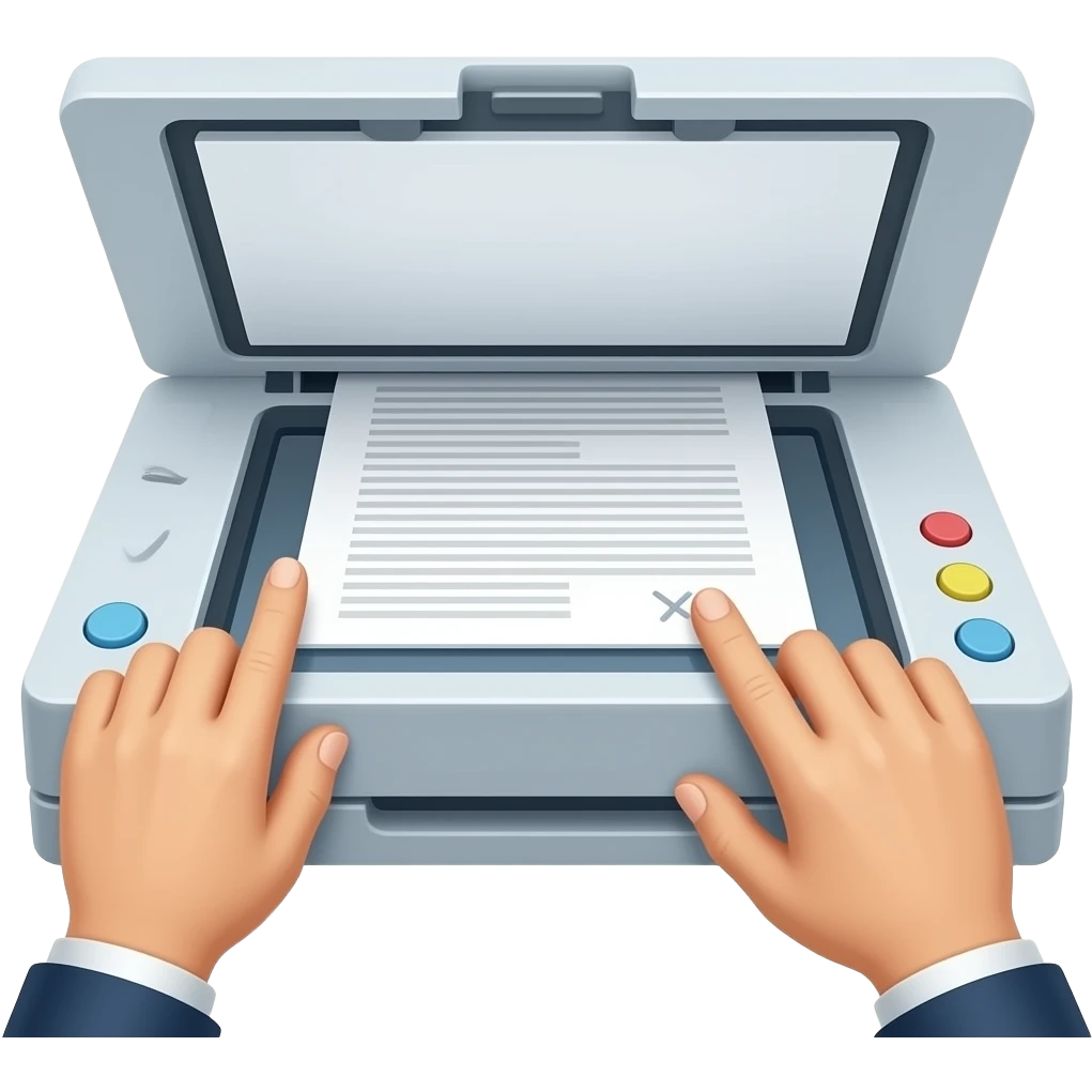 A clear close-up of hands scanning a document on a photocopy machine.  One hand pressing the start button, the other adjusting the paper on the glass.  Focus on the action of scanning, emoji