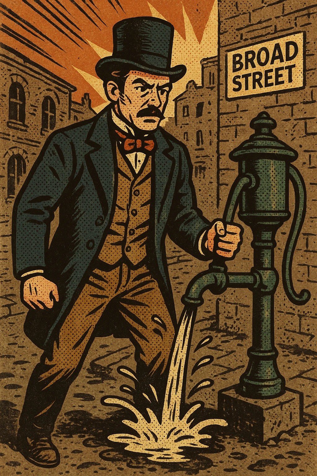 A victorian man standing on a dirty london street called Broad Street standing next to a broken water pump emoji