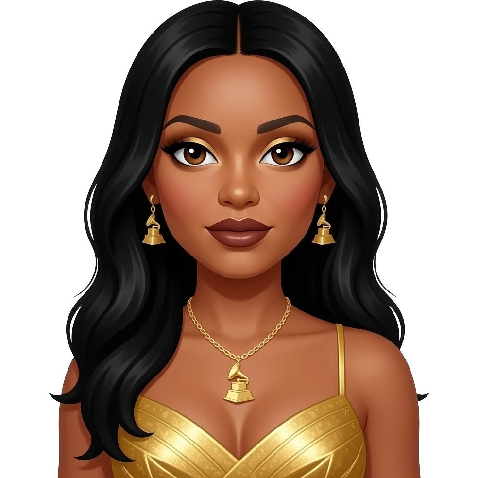 LeToya Luckett from Destiny's Child with dark brown eyes, long black hair, gold eyeshadow, dark brown lipstick, grammy gold dress, necklace and earrings emoji