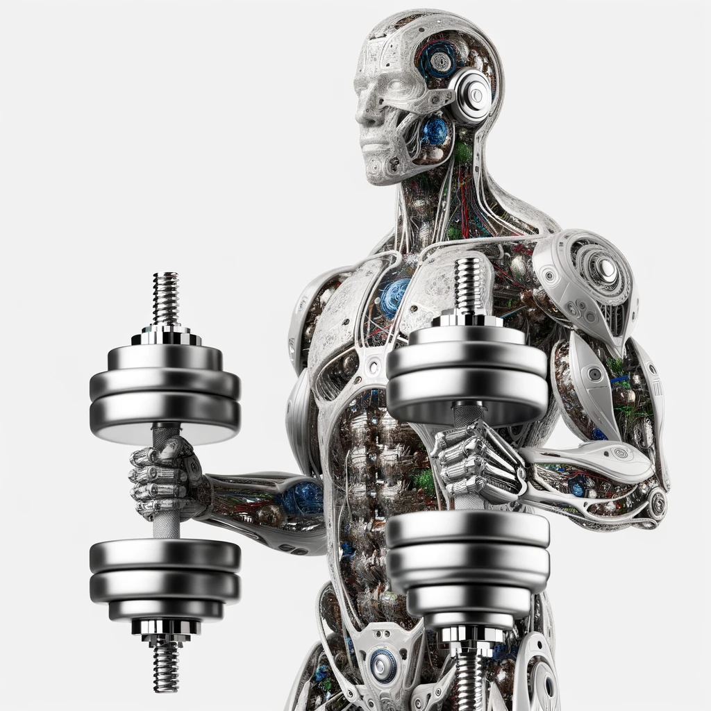 corpo umano anatomico con manubri da palestra in mano, iperrealistico 4k, isolato su sfondo bianco emoji