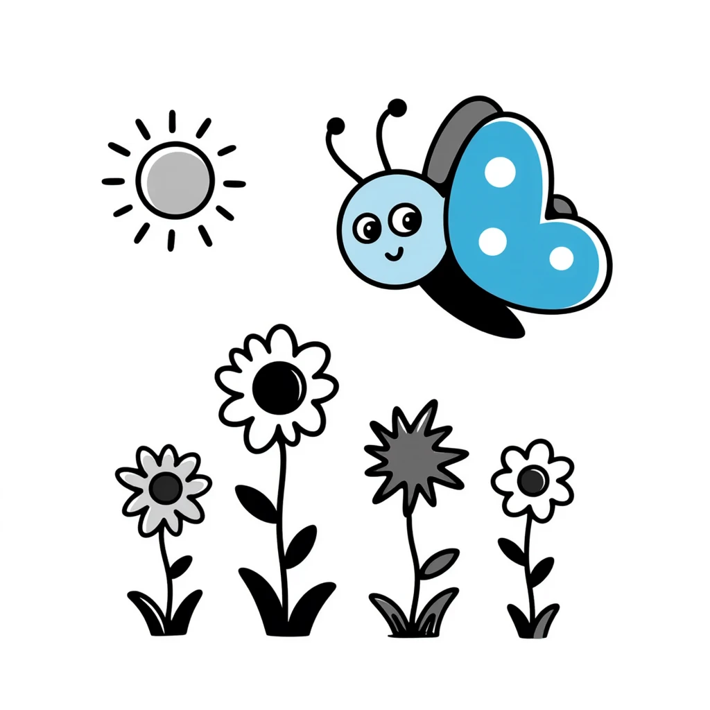 Blue butterfly with a cheerful smile flying around spring flowers and sunshine emoji