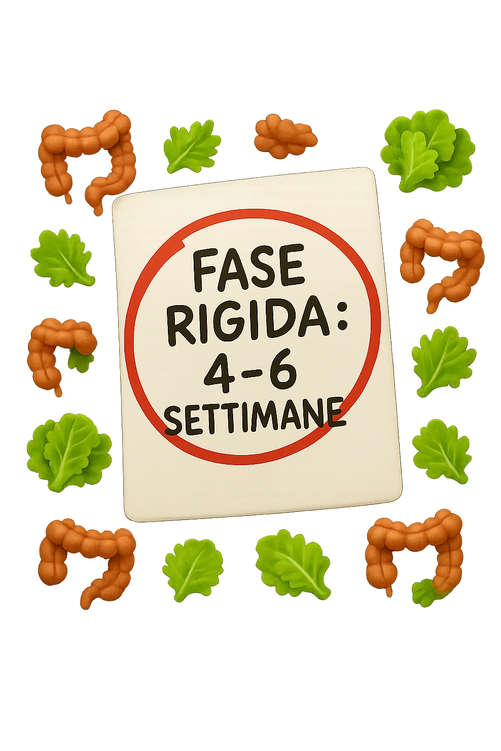 EMOJI STILE IPHONE DI UN foglio di carta fluttua in aria con la scritta "FASE RIGIDA: 4-6 SETTIMANE" CERCHIATA A PENNA IN ROSSO, ATTORNO AL FOGLIO FLUTTUANO PICCOLI TRATTI DI COLON UMANO IN STILE EMOJI E FOGLIE DI INSALATA, REALISTICA 4K emoji