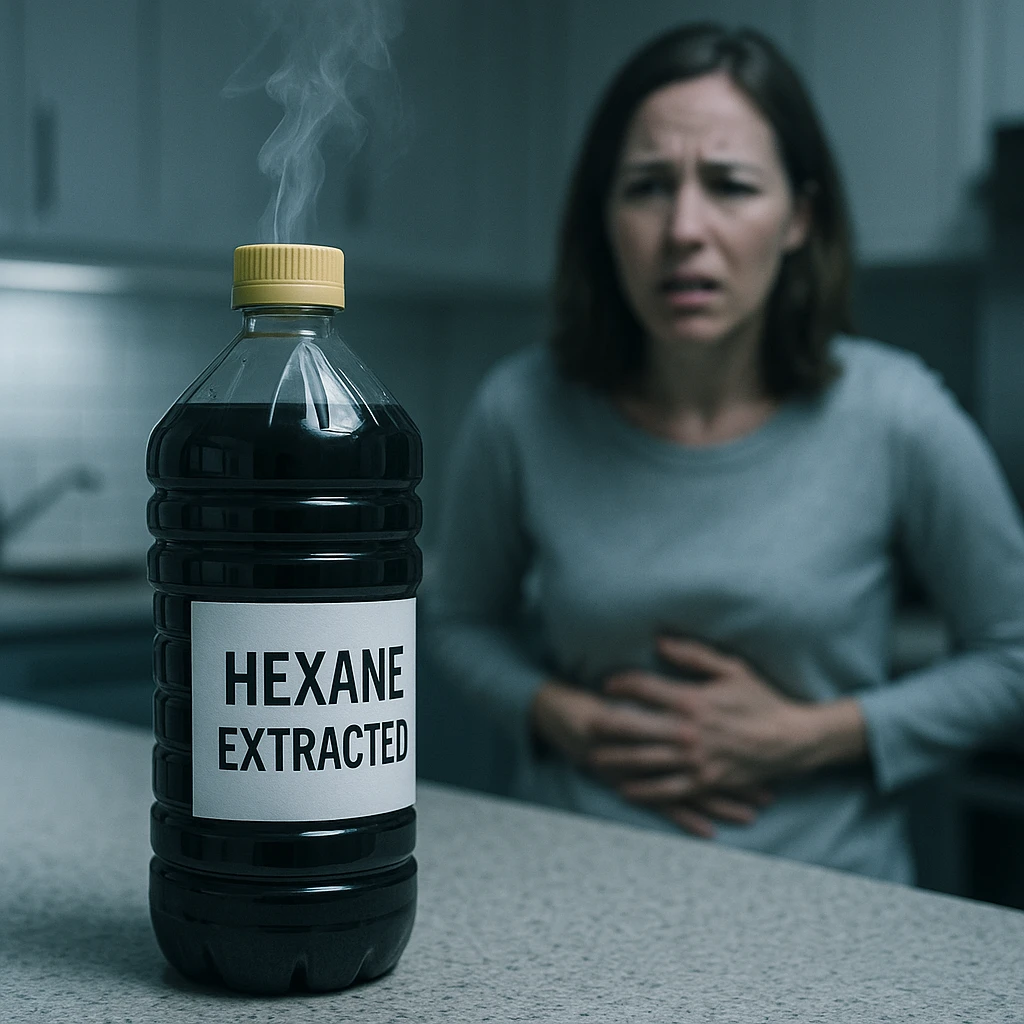 photorealistic kitchen scene with a bottle of dark, unnatural-looking vegetable oil labeled 'Hexane extracted', faint toxic vapor rising from the bottle, background with a blurred worried person holding their stomach, cold clinical lighting, surreal tense atmosphere emoji
