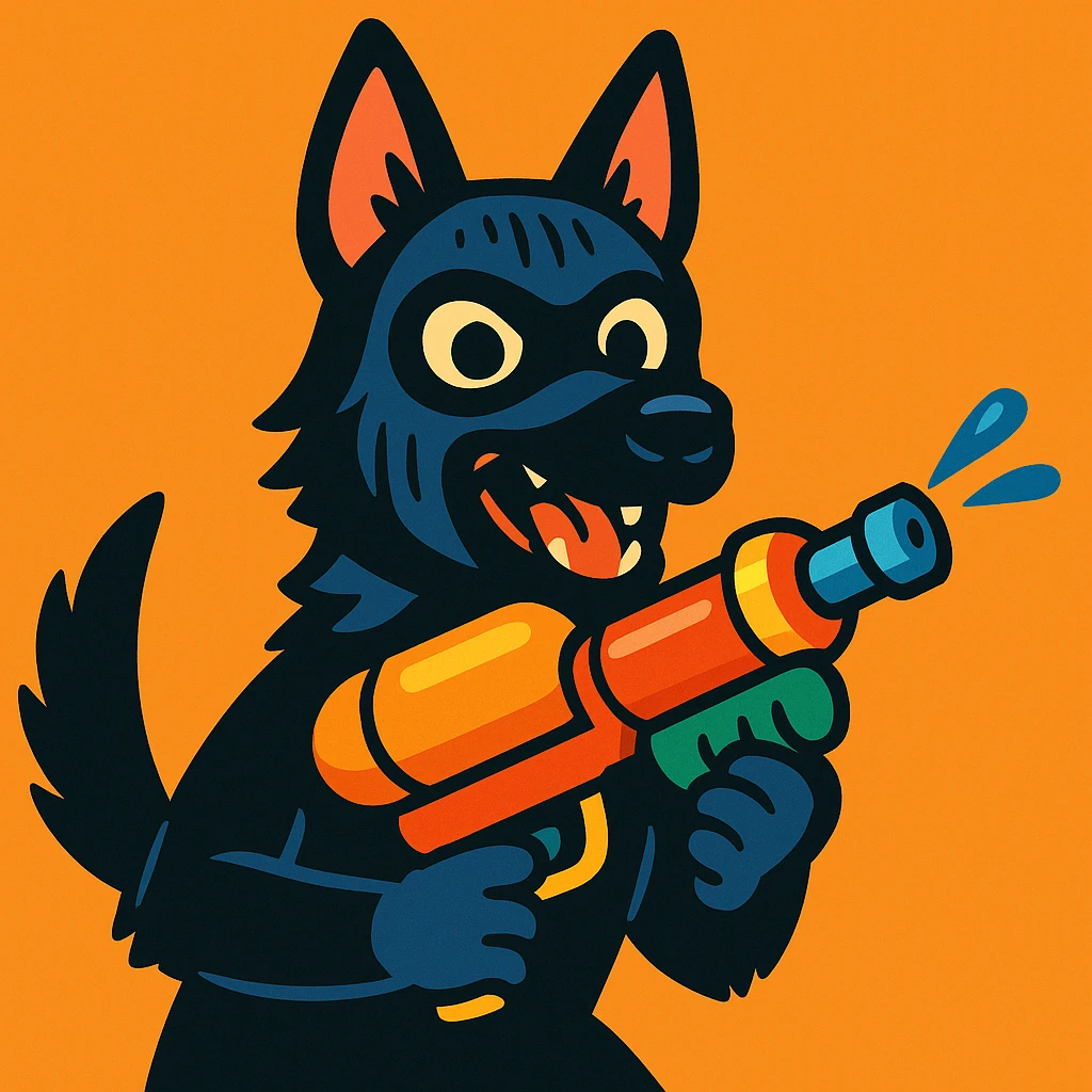 mischievous black German Shepherd in a ski mask, holding a water gun, vibrant and fun emoji