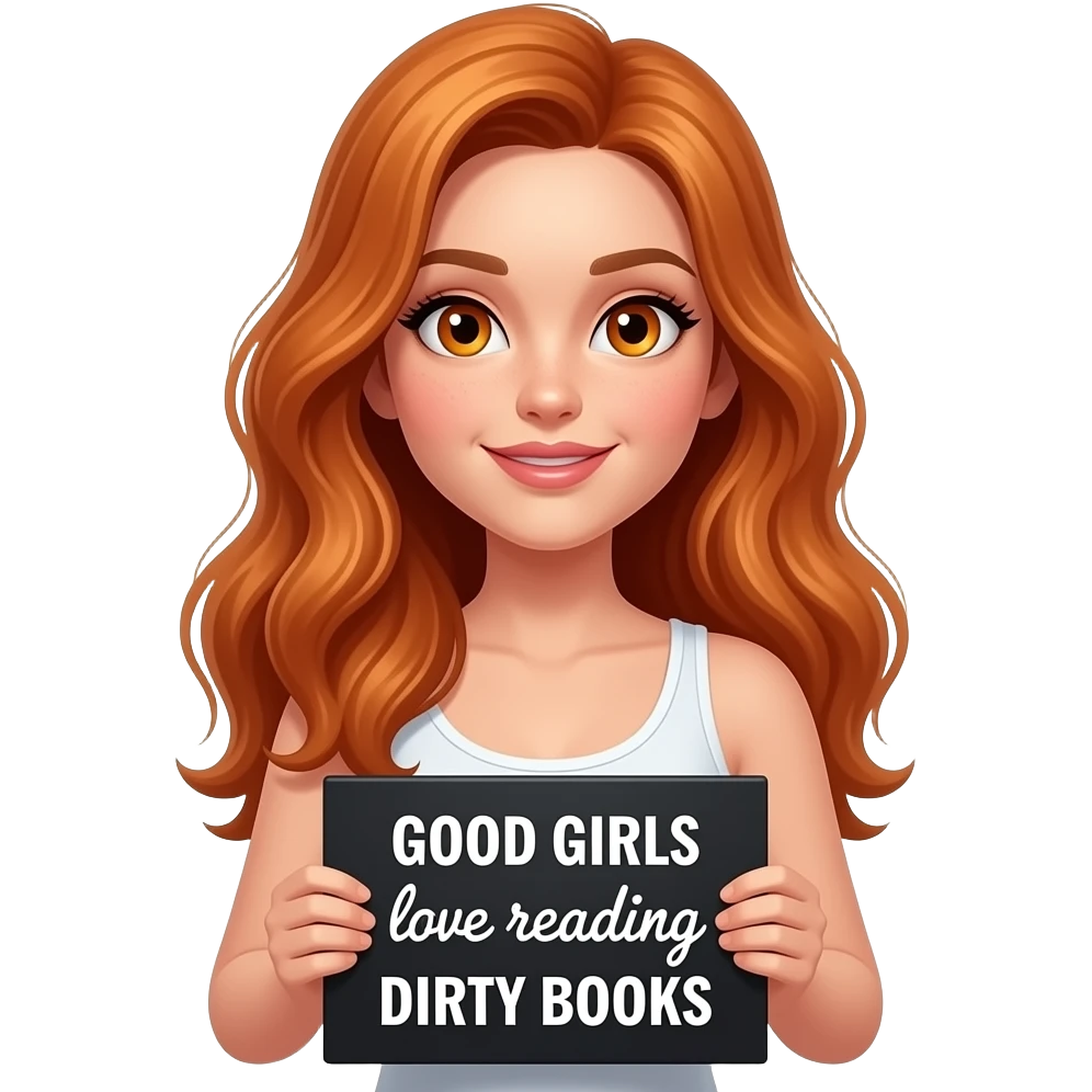 sexy girl with long wavy ginger hair and ginger eyes wearing a white tanktop is holding a black colored sign with GOOD GIRLS love reading DIRTY BOOKS written on it emoji