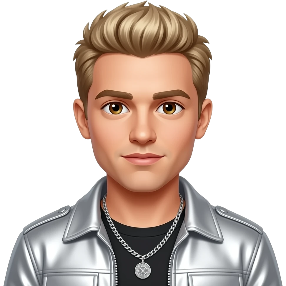 Aaron Carter with brown eyes, blonde hair, silver metallic pop-rap outfit, necklace emoji