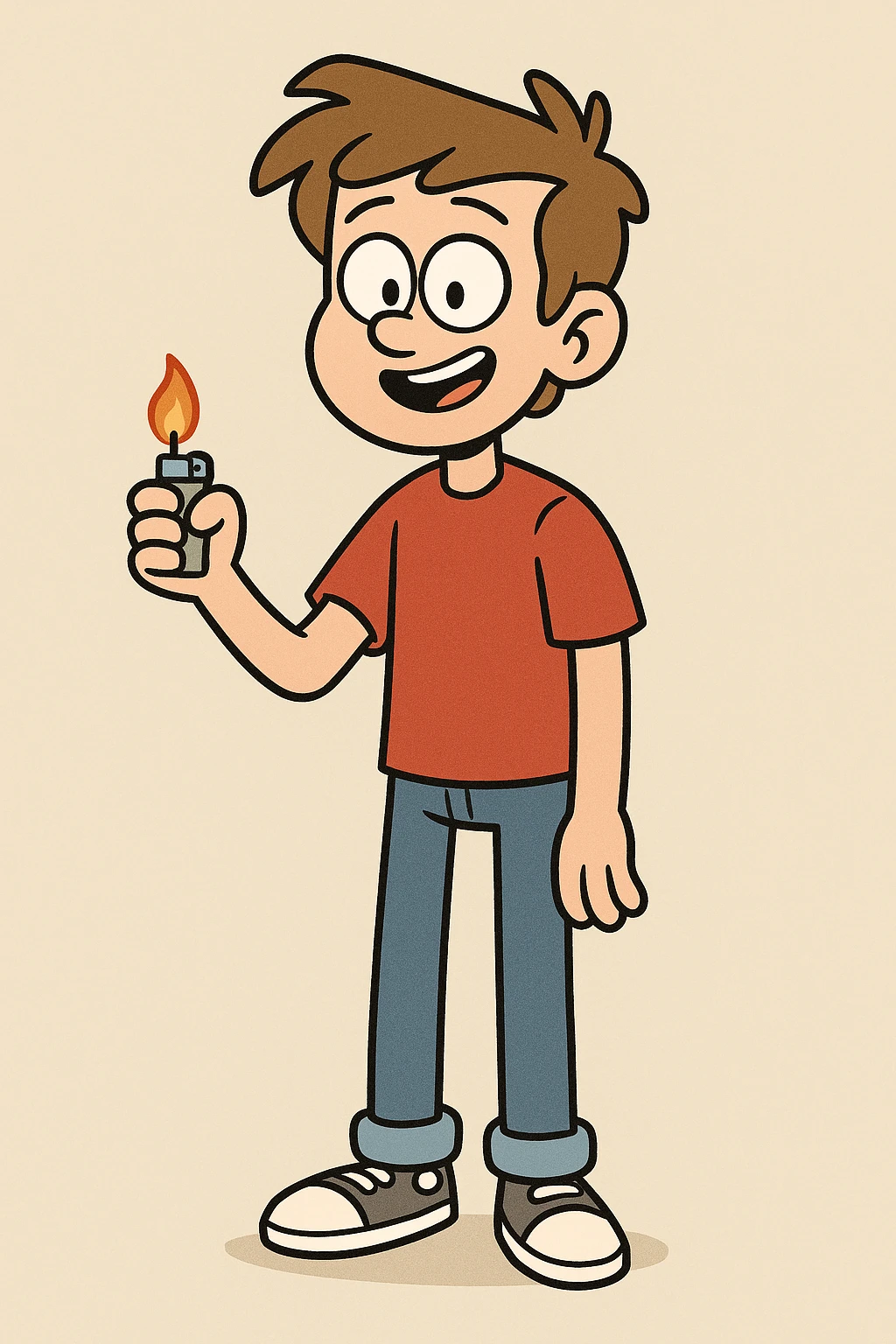 A boy lights brown hair sleeves with Red t-shirts blue jeans white shoes emoji