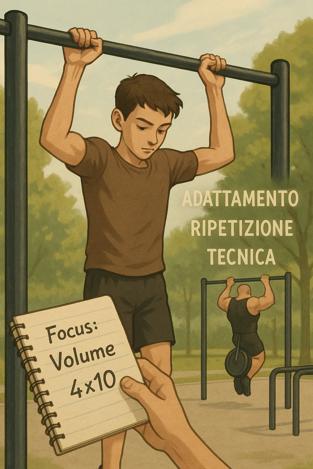 Giovane atleta principiante, fisico asciutto ma non muscoloso, si allena in uno street park con sbarra e parallele. Sta eseguendo serie lunghe di trazioni a corpo libero, concentrato sulla tecnica e sul controllo. Vicino a lui si vede un block notes con scritto a penna 'Focus: Volume, 4x10', mentre in lontananza un altro atleta molto più grosso fa una singola ripetizione con zavorra pesante. Il neofita guarda il suo diario, non gli altri. L’ambiente è sereno, luce naturale, atmosfera di crescita e disciplina. Sullo sfondo si intravedono i concetti scritti in aria con stile metaforico: 'Adattamento', 'Ripetizione', 'Tecnica', fluttuanti accanto a lui emoji