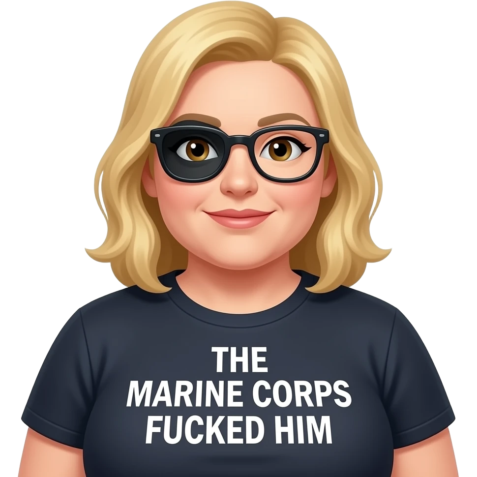 A fat blonde woman with a black eye and glasses wearing a shirt saying the Marine Corps fucked him emoji