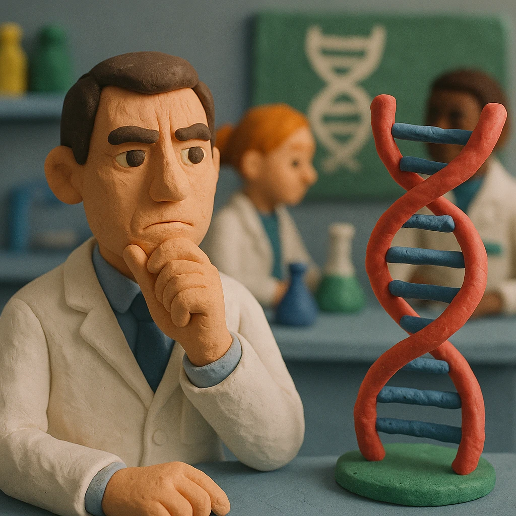 A modern day doctor thinking and studying DNA and genetics in a laboratory with other scientists emoji