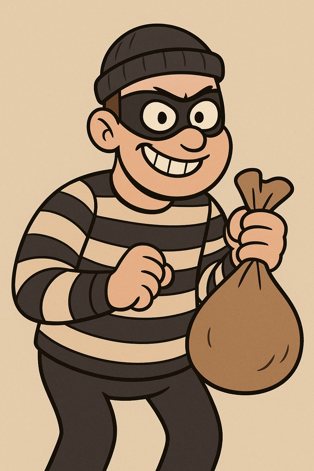 cartoon style robber wearing a mask and striped shirt, holding a sack, simple background emoji