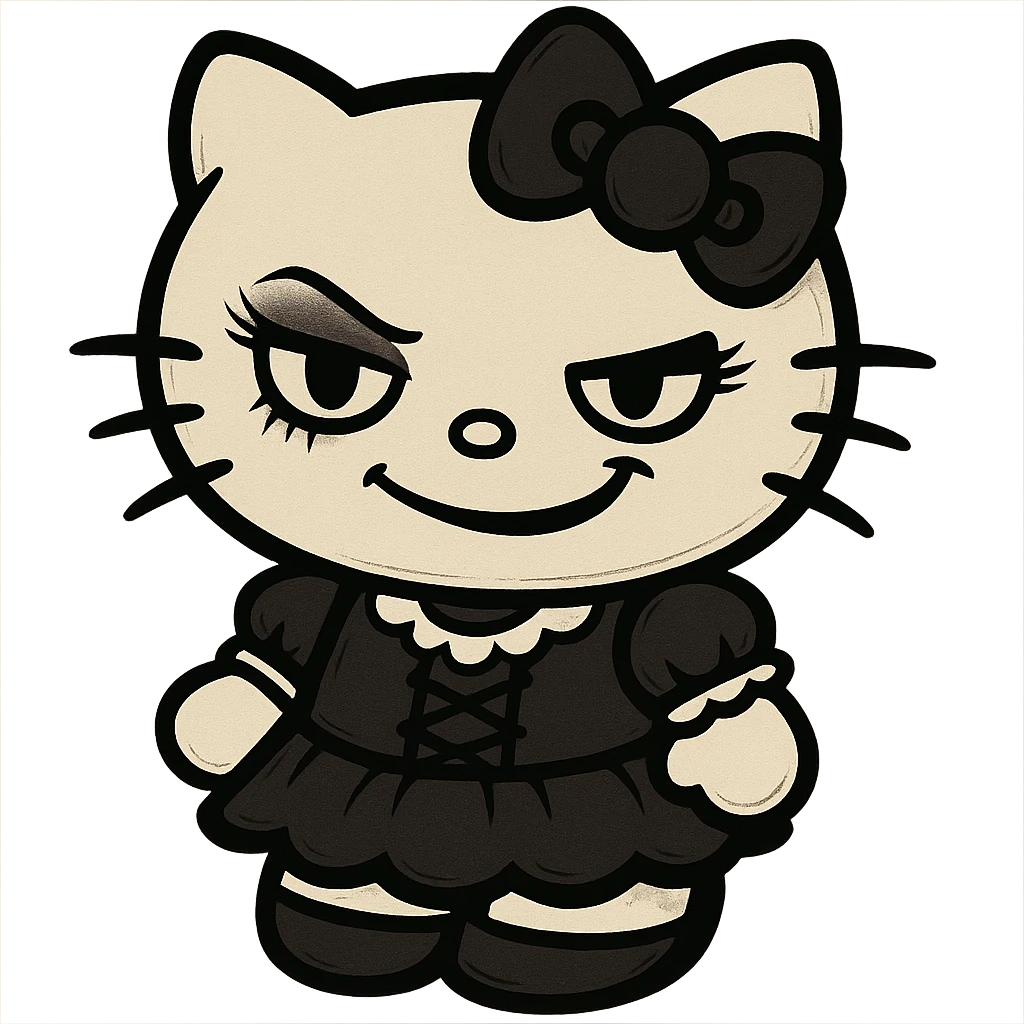 gothic Hello Kitty with a mischievous smile, gothic makeup, amusing expression emoji