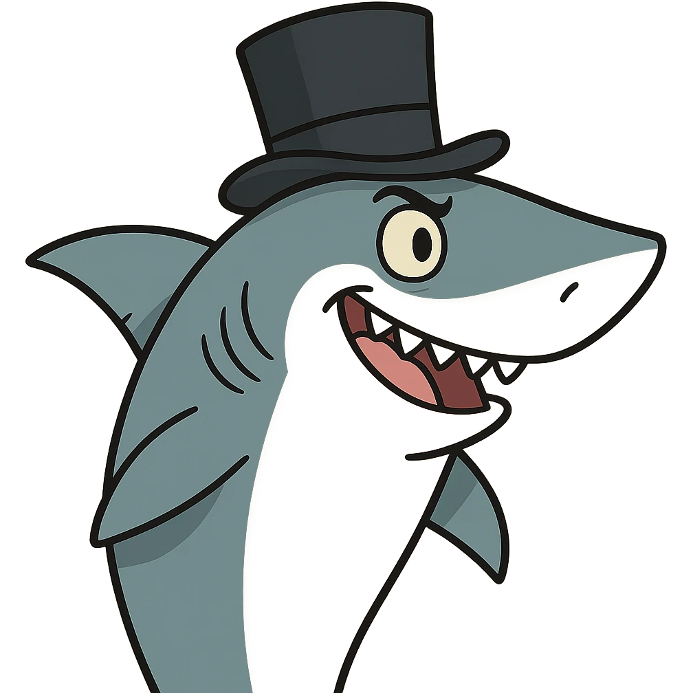 shark with a top hat, cartoon style, flat toon emoji