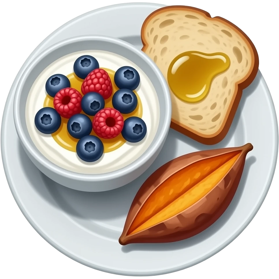Realistic Plate with greek yogurt bowl topped with blueberries raspberries and maple syrup and sourdough slice topped with olive oil and a sweet potato on the side HD emoji
