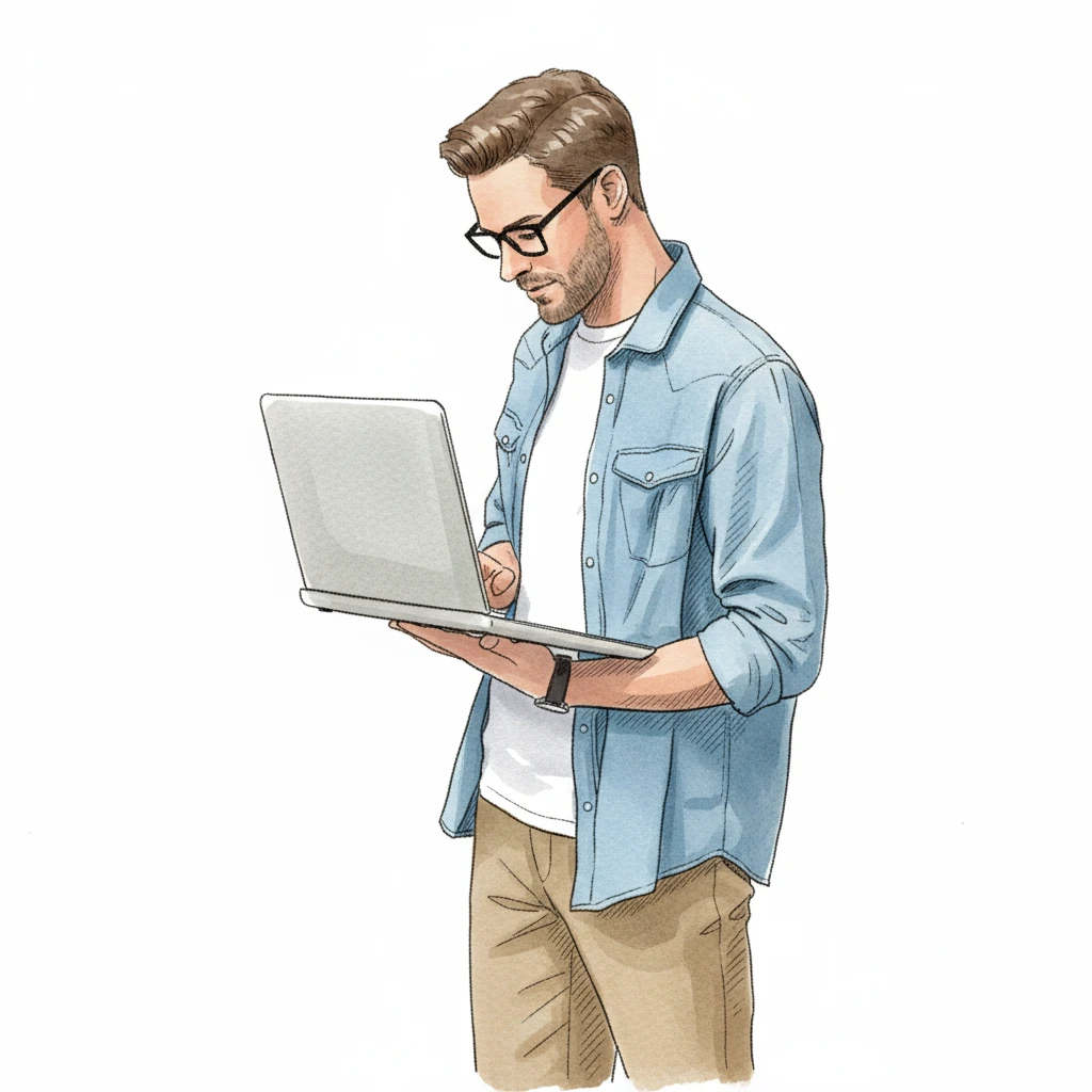 нарисуй похожего мужчину строго в профиль, который держит в руках ноутбук, как на картинке, но в стиле, как на картинке мужчина рабочий, без фона emoji
