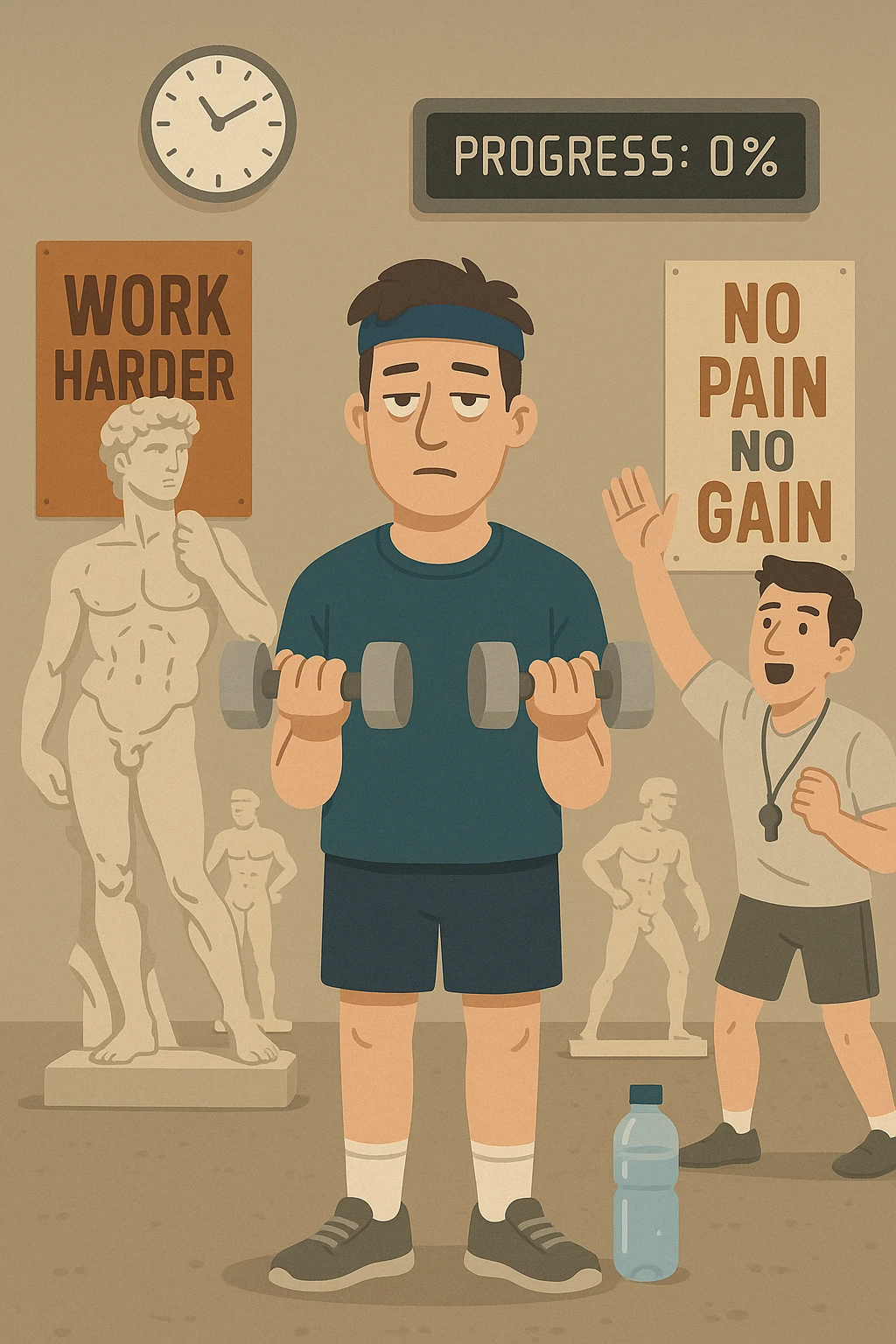 Modern gym scene with a man in sporty clothing lifting light dumbbells with a bored expression. Background with sculpted athletes, trainer encouraging. Wall clock, full water bottle near the man, motivational posters ignored. Digital display showing 'progress: 0%'. Static atmosphere, vertical format. emoji