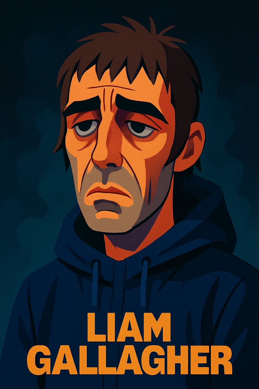 realistic cartoon style portrait of Liam Gallagher looking sad, moody lighting, expressive face emoji