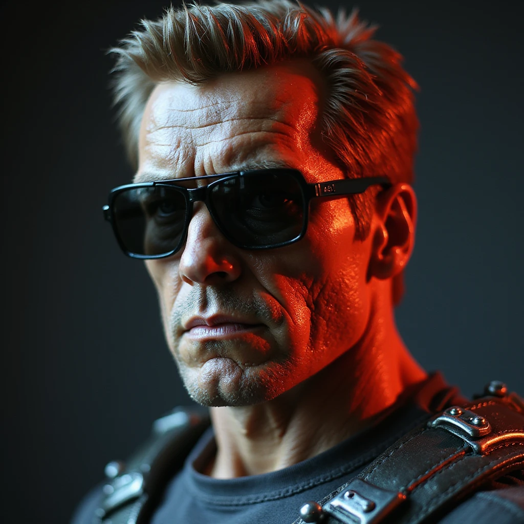 Terminator with sunglasses, realistic style, referencing the 'I'll be back' scene, metallic details, dramatic shadows emoji