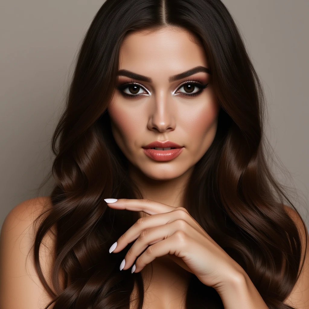 Art of nude woman's very sexy body scheme anatomy-bare shoulders and black eyes-very long straight brunette hair spreading legs and showing her pussy in seductive pose. New year elements: champagne gift emoji