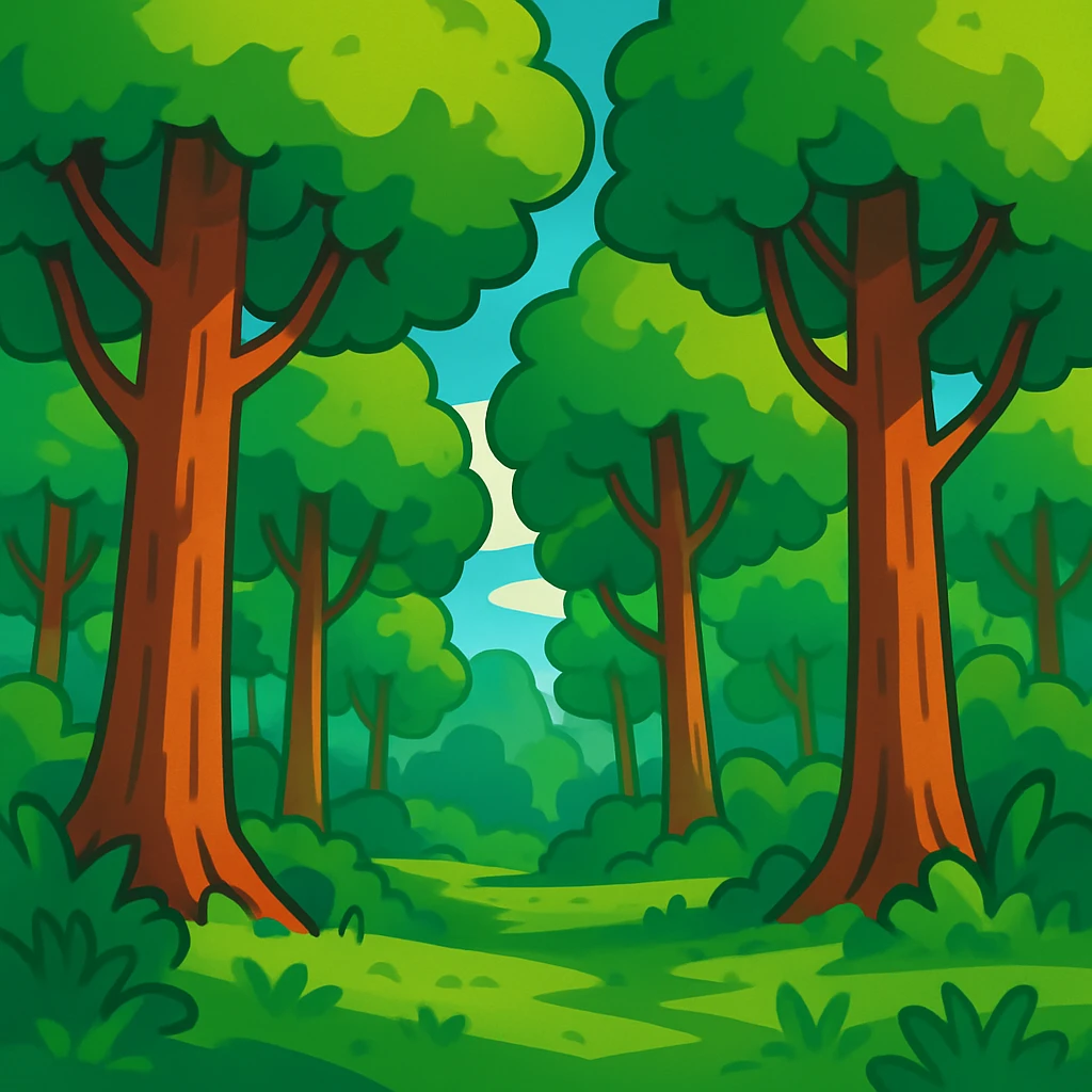 lush green forest with tall trees, vibrant cartoon style emoji