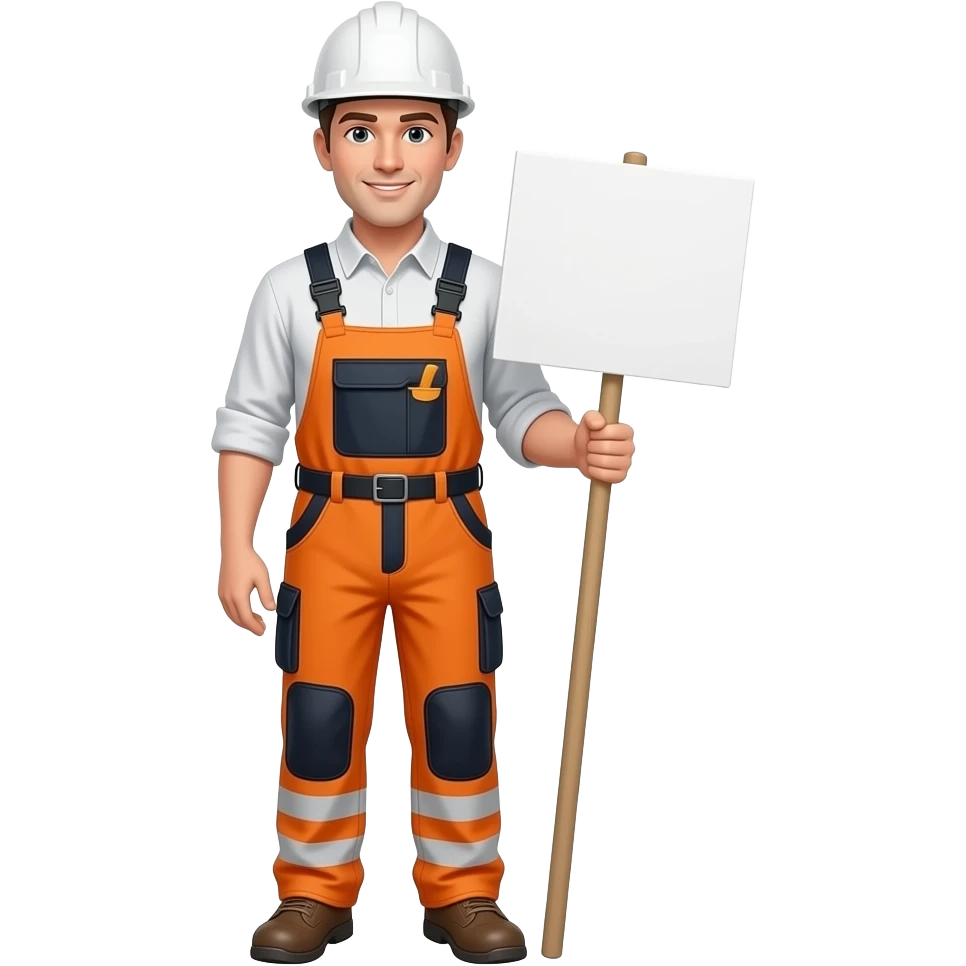 man standing in a hard hat and full orange hi-vis overalls with sleeves holding a sign emoji