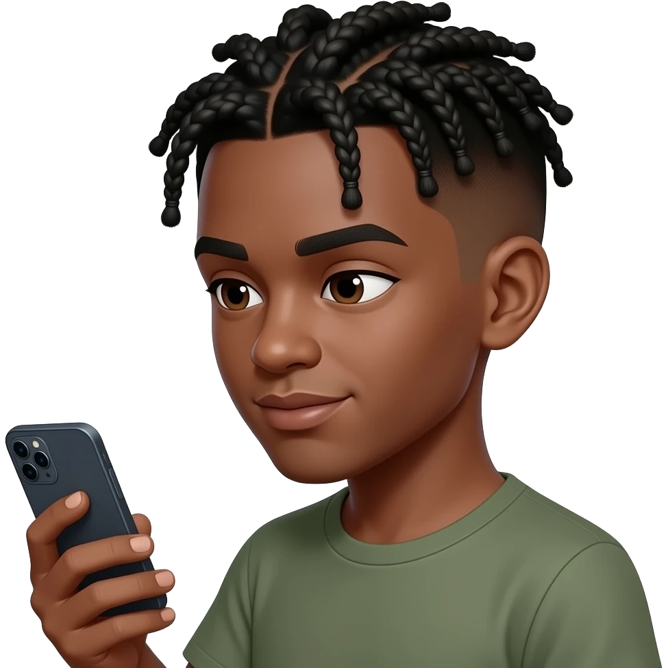 person scrolling through phone who is skin color is dark brown with cornrows and a fade emoji