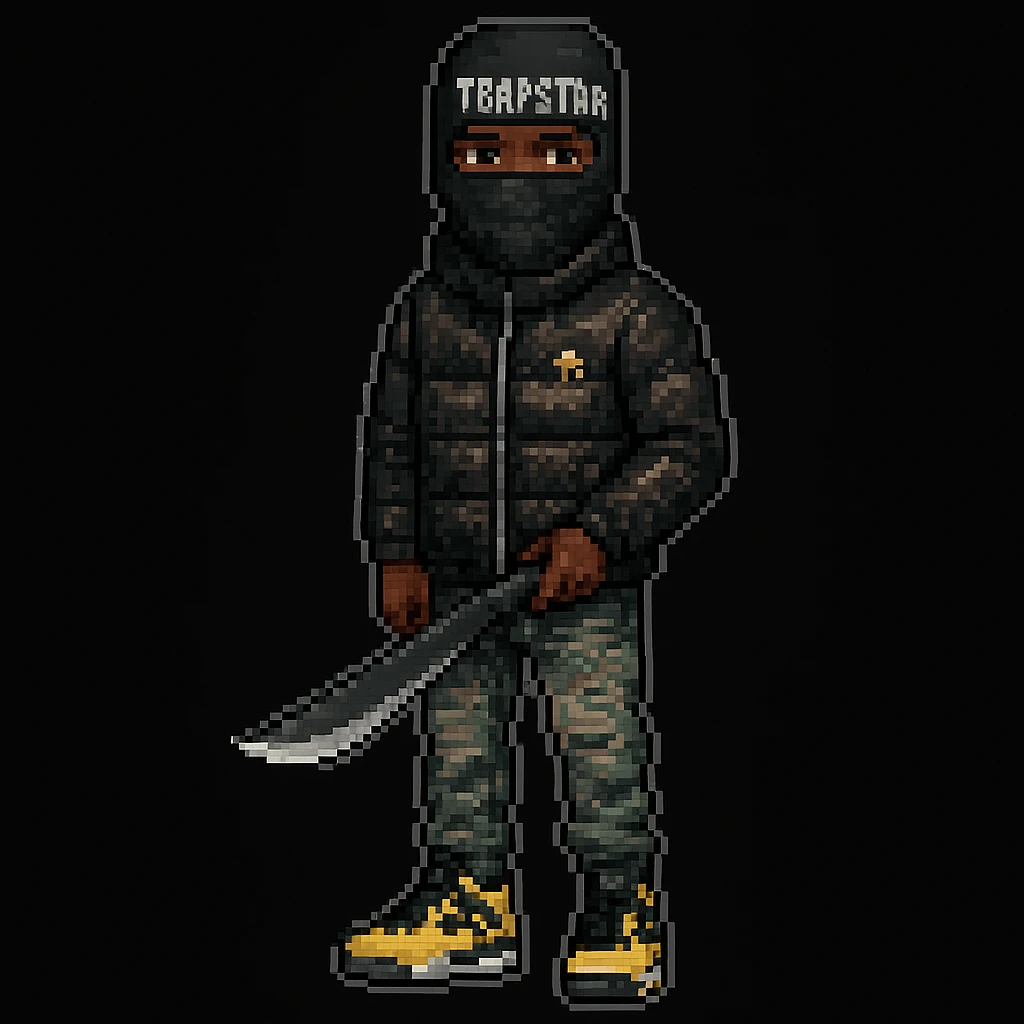Black person with English appearance wearing a Trapstar balaclava, holding a black machete knife with a light gray blade, wearing a black glossy Moncler puffer jacket, and yellow-black Nike Air Jordan 4 Retro GS sneakers, pixel art style emoji