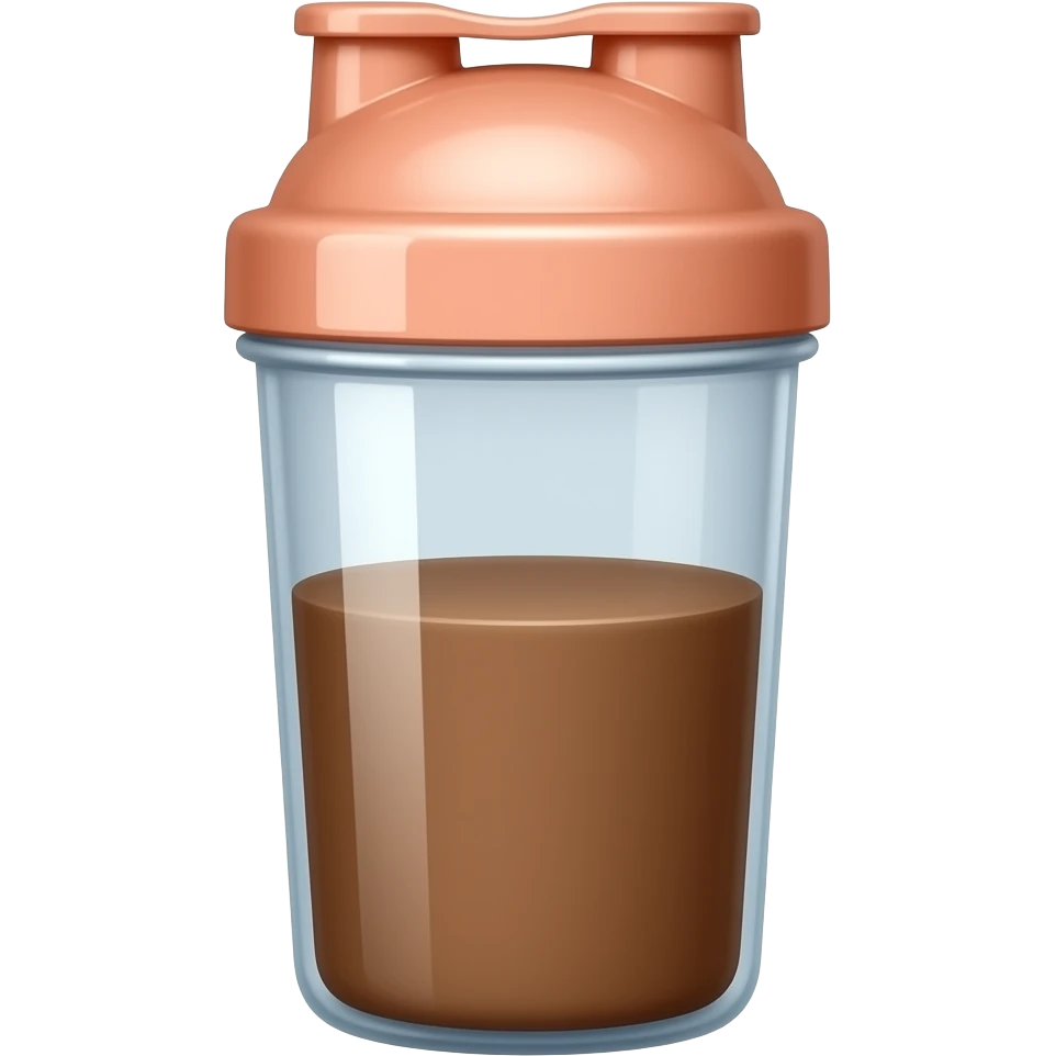 A peach-colored protein shake shaker with chocolate liquid inside emoji