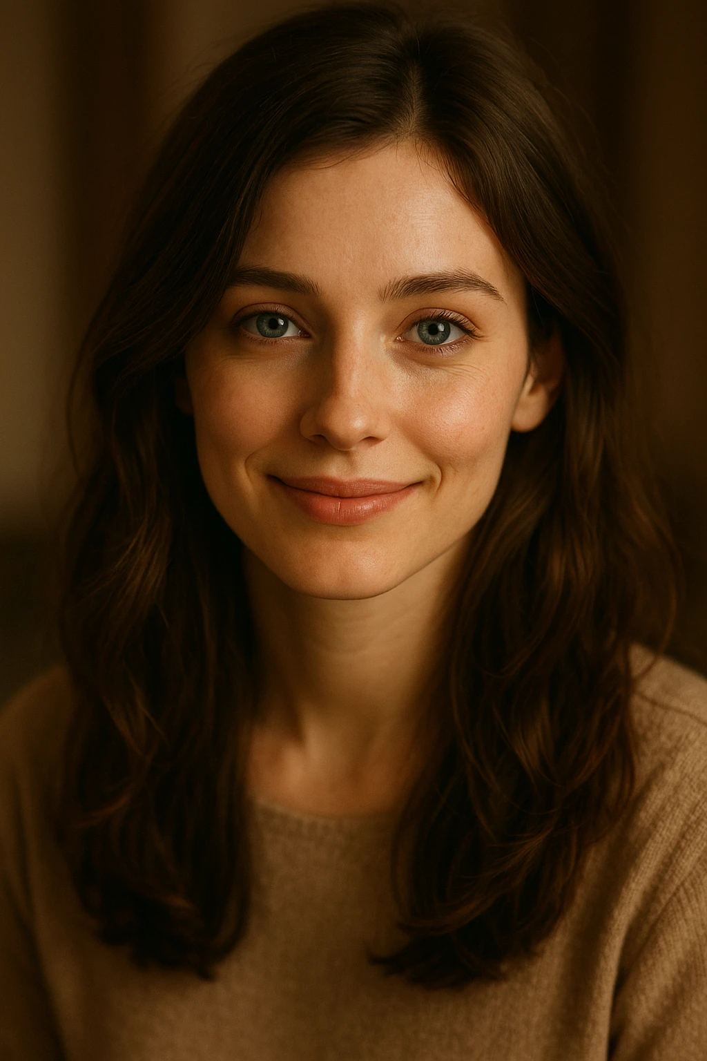 a charming brunette girl with blue eyes, soft smile, kind and gentle appearance emoji